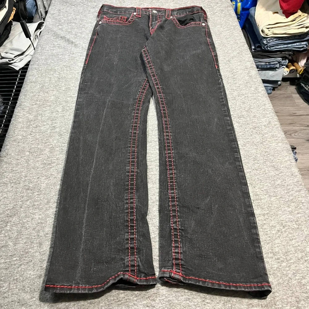 True Religion Ricky Relaxed Straight Black Jeans Red Contrast Stitch 32x34 Mens
